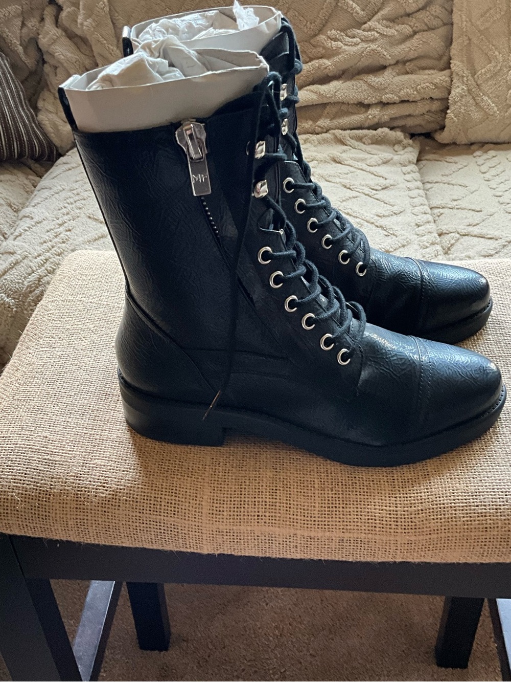 Marc Fisher Black Lace-Up Combat Boots with Side Zipper